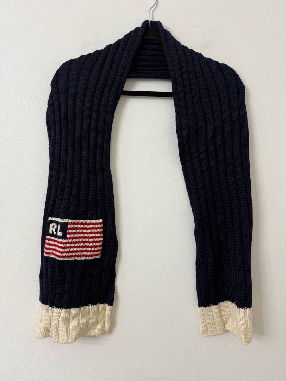 Polo Ralph Lauren Wool Blend Ribbed Navy Scarf Sweater with Flag